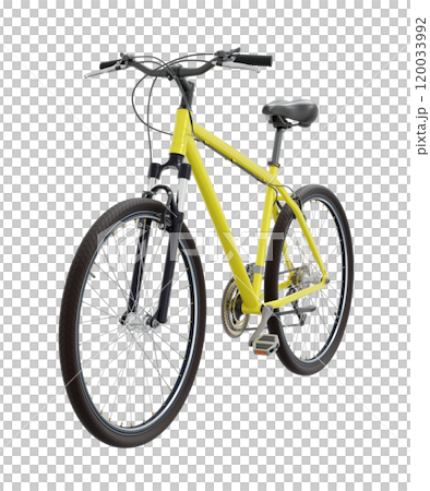 Yellow bicycle, front side view. Black leather saddle and handles. Png clipart isolated on transparent background 120033992