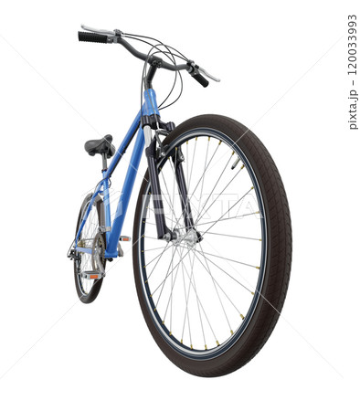 Blue bicycle, front side view with wide angle shot of the front wheel. Black leather saddle and handles. Png clipart isolated on transparent background 120033993