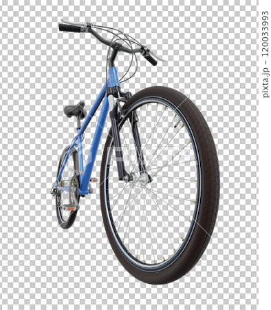 Blue bicycle, front side view with wide angle shot of the front wheel. Black leather saddle and handles. Png clipart isolated on transparent background 120033993
