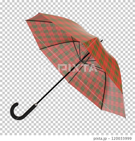 Open red umbrella with checkered plaid pattern black handle lying on a side or flying away, isolated on white background. 3D illustration 120033999