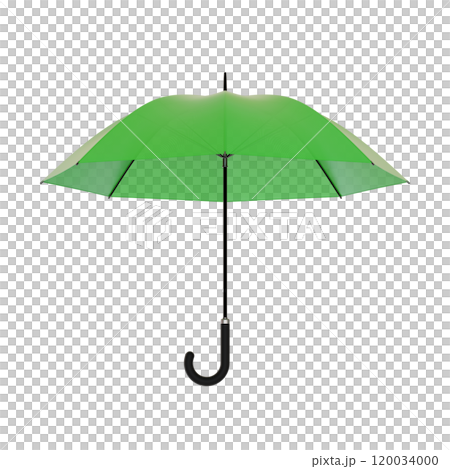 Open green umbrella with black handle, isolated on white background. 3D illustration 120034000