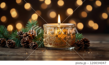 Christmas scene with a lit candle in a decorative holder 120034047