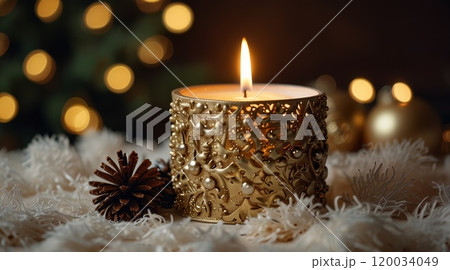 Christmas scene with a lit candle in a decorative holder 120034049
