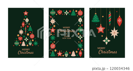 Merry Christmas and Happy New Year vertical greeting cards set with Christmas tree decorations of different shapes. Holiday banner templates on black background 120034346