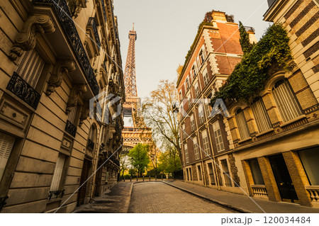 A peaceful morning in Paris reveals charming architecture lining a quiet street, with the iconic Eiffel Tower rising majestically in the background as trees begin to bloom. A peaceful morning in Paris reveals charming architecture lining a quiet street, with the iconic Eiffel Tower rising majestically in the background as trees begin to bloom. 120034484
