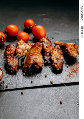 Juicy grilled chicken wings served with fresh tomatoes and spices, perfect for a delicious meal Juicy grilled chicken wings served with fresh tomatoes and spices, perfect for a delicious meal 120035431