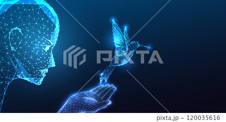 AI and nature harmony concept with robotic head holding colibri bird on dark blue background.  120035616