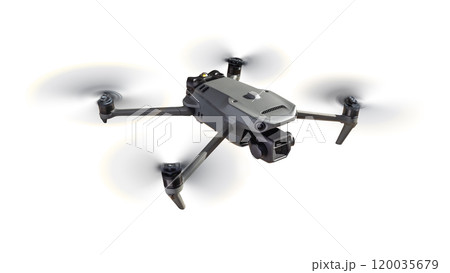 Front View of a Drone Quadcopter UAV In Flight Isolated on a White Background. 120035679