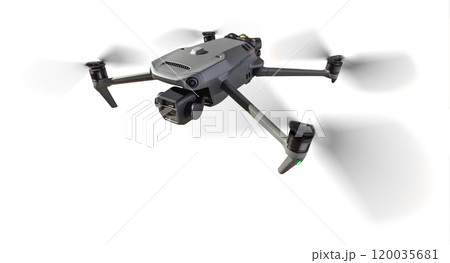 Front View of a Drone Quadcopter UAV In Flight Isolated on a White Background. Front View of a Drone Quadcopter UAV In Flight Isolated on a White Background. 120035681