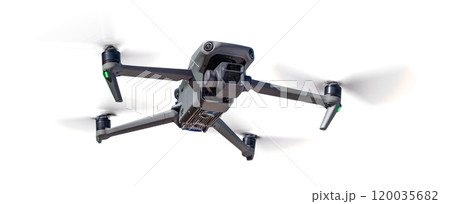 Front View of a Drone Quadcopter UAV In Flight Isolated on a White Background. 120035682