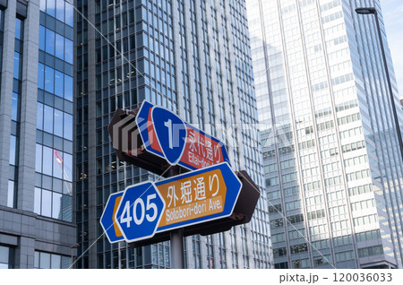 高層ビルと路線番号・通称名標識の風景 高層ビルと路線番号・通称名標識の風景 120036033