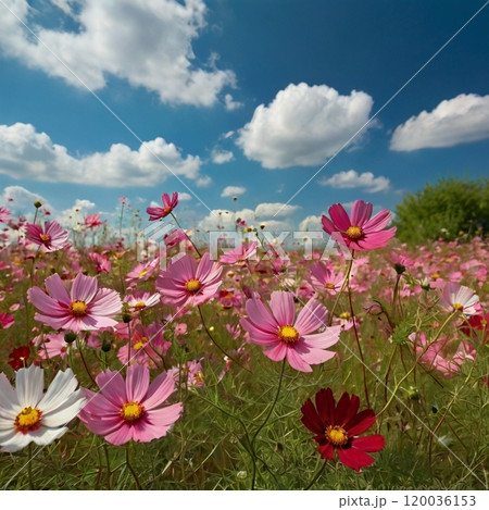 秋の青空に映えるコスモス 120036153