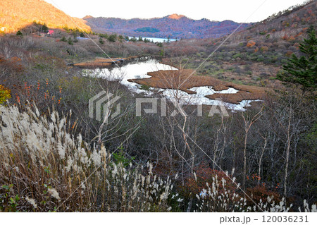 地蔵岳　鳥居峠から見下ろす覚満淵　赤城大沼　晩秋の風景 120036231