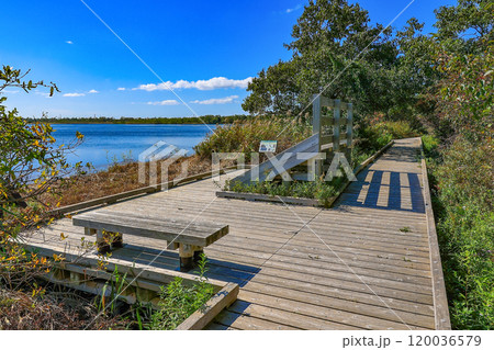 北海道　苫小牧市にある ウトナイ湖の遊歩道 120036579