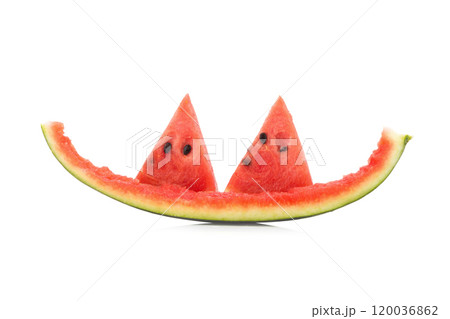 Watermelon slice eaten, isolated on white background Watermelon slice eaten, isolated on white background 120036862