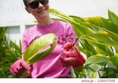 A young woman trims her beautiful garden  120037508