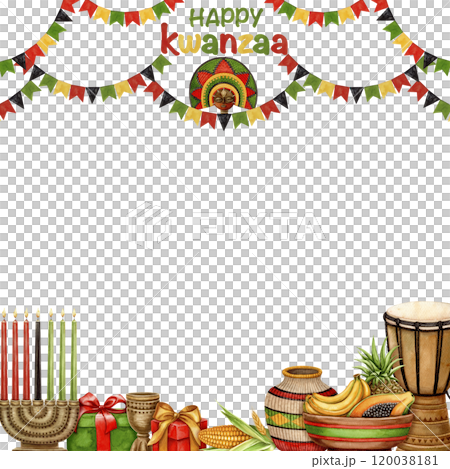 Happy Kwanzaa square frame with garland, Kinara, drum, fruit plate and gift. Hand drawn watercolor holiday illustration of traditional symbol. Isolated drawing for African-American designs. Happy Kwanzaa square frame with garland, Kinara, drum, fruit plate and gift. Hand drawn watercolor holiday illustration of traditional symbol. Isolated drawing for African-American designs. 120038181