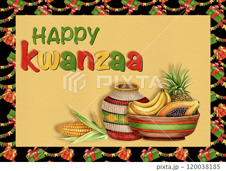 Happy Kwanzaa watercolor horizontal greeting card with woven jug and fruit offering. Hand drawn holiday illustration for invitation and congratulation. Colorful design for African-American festival. Happy Kwanzaa watercolor horizontal greeting card with woven jug and fruit offering. Hand drawn holiday illustration for invitation and congratulation. Colorful design for African-American festival. 120038185
