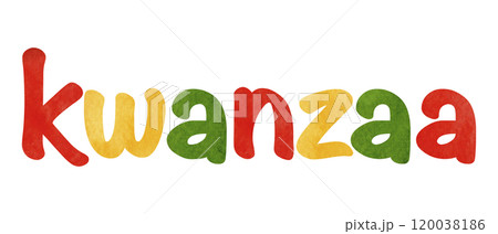 Kwanzaa red green and yellow sign of watercolor textured letters. Hand drawn holiday graphic illustration for greeting card design. Isolated drawing for African-American festive artworks. Kwanzaa red green and yellow sign of watercolor textured letters. Hand drawn holiday graphic illustration for greeting card design. Isolated drawing for African-American festive artworks. 120038186