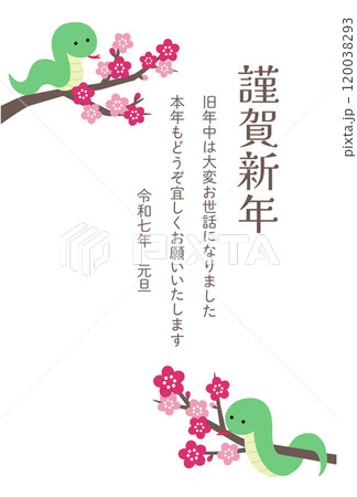 2025年巳年の年賀状テンプレート　蛇年　かわいい　梅の花　ベクター　 120038293