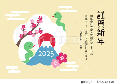 2025年巳年の年賀状テンプレート 蛇年 かわいい フレーム 花 ベクター 2025年巳年の年賀状テンプレート 蛇年 かわいい フレーム 花 ベクター 120038436