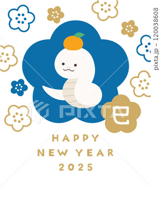 2025年巳年の年賀状テンプレート　蛇年　白蛇　かわいい　梅の花　ベクター　 120038608
