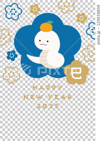 2025年巳年の年賀状テンプレート　蛇年　白蛇　かわいい　梅の花　ベクター　 120038608