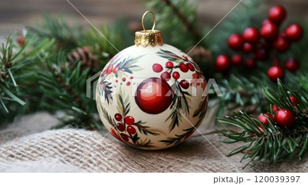 Hand-Painted Christmas Ornament with Holly and Pine Sprigs 120039397