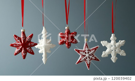 Red and White Star Ornaments with Red Ribbon Hangers 120039402