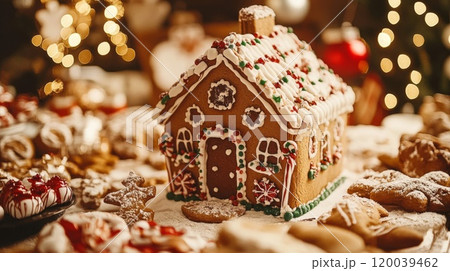 Decorated Gingerbread House with Surrounding Cookies 120039462