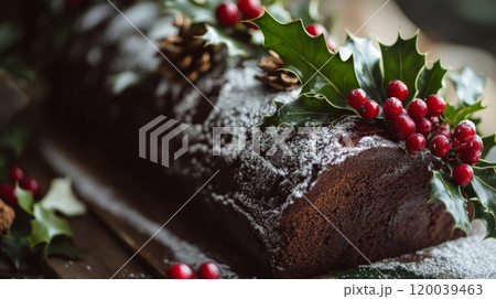 Chocolate Yule Log Decorated with Holly and Powdered Sugar 120039463
