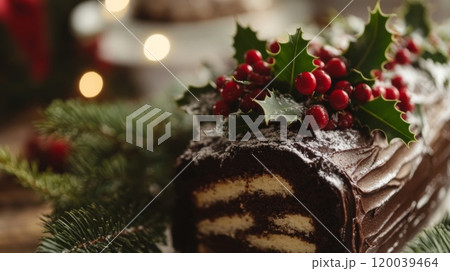 Chocolate Yule Log Cake Decorated with Holly and Berries 120039464