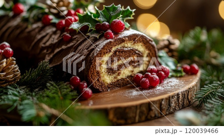 Festive Chocolate Yule Log Cake Decorated with Holly and Cranberries 120039466