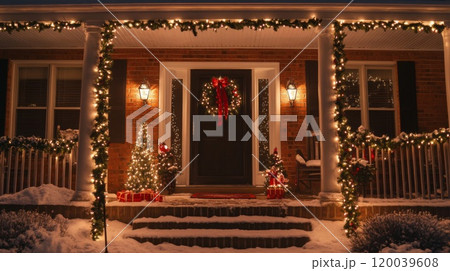 A Snowy Christmas Porch with Lights and Decorations 120039608
