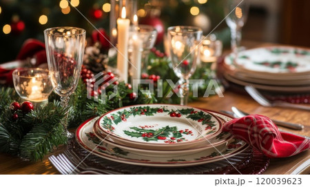 Christmas Table Setting with Holly-Patterned Plates and Festive Decorations 120039623