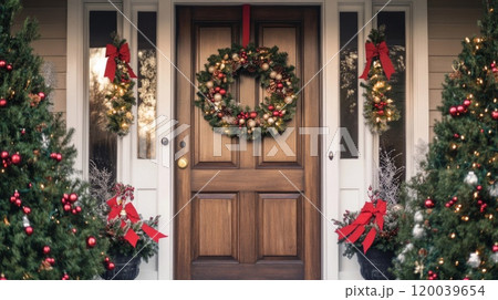 Festive Front Door with Christmas Decor and Trees 120039654