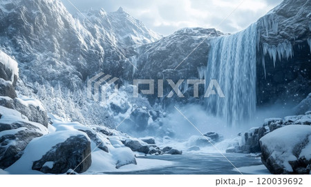 A Majestic Waterfall Cascding Through a Snowy Mountain Valley 120039692