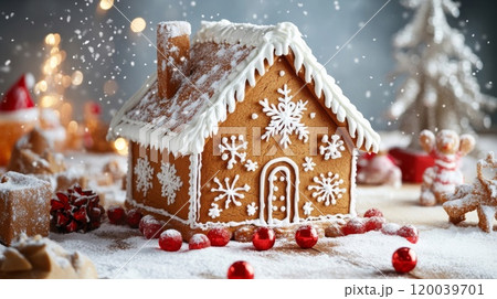 Gingerbread House Decorated with Snowflakes and Powdered Sugar 120039701
