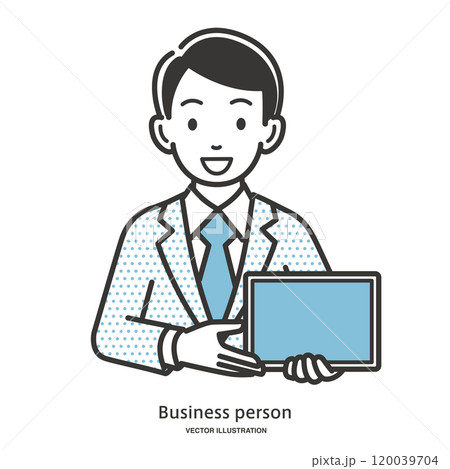 タブレットの画面を見せて接客対応をするビジネスマンのイメージイラスト素材 120039704