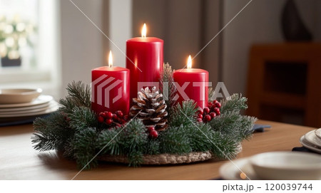 Red Candles, Pine Cones, and Holly Berries Centerpiece on a Table 120039744