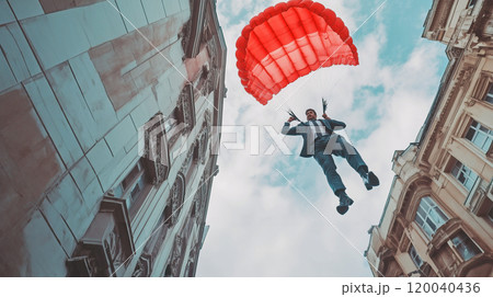 パラシュートで降下するビジネスマン 120040436
