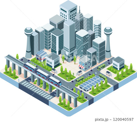 Isometric Metropolis Transportation System with Elevated Rail Transport Isometric Metropolis Transportation System with Elevated Rail Transport 120040597