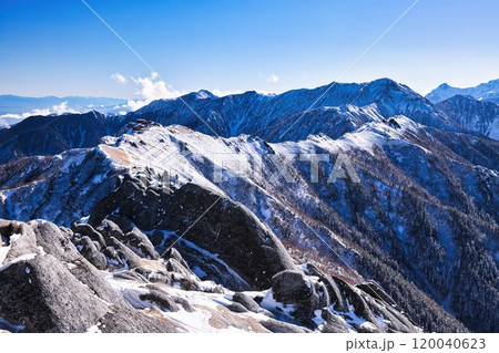 冠雪の北アルプスの燕岳から大天井岳へ続く稜線 120040623