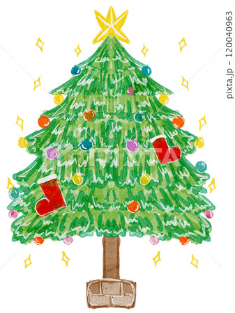 水彩で描いたクリスマスツリーのカットイラスト素材キラキラ 120040963