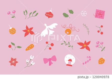 Minimalistic retro elements set with traditional Christmas symbols. Happy New Year, Merry Christmas winter plants, flower, bird, toy, ball on cute pink background. Minimalistic retro elements set with traditional Christmas symbols. Happy New Year, Merry Christmas winter plants, flower, bird, toy, ball on cute pink background. 120040978