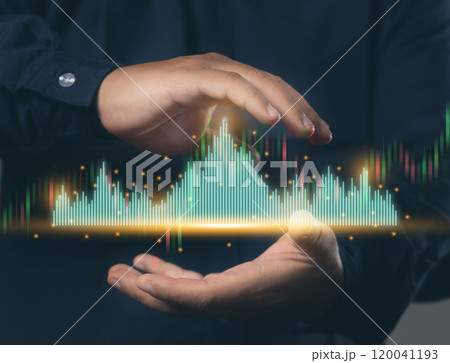 Hands protecting technical graph charts for analysis of stock market data and speculator investment concepts. Businessman planning digital marketing with chart hologram effect. 120041193