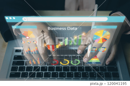 Businessmen use laptops and dashboards for automating data management analytics and business reports. Database. Sales. Marketing. AI chat bot. Data analytics is automated with AI technology. 120041195