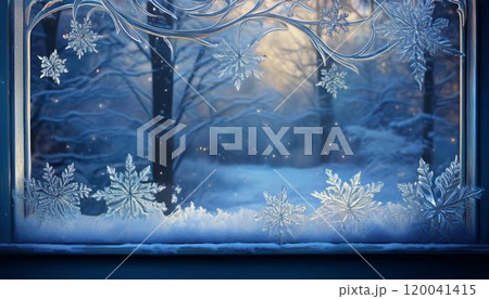 雪の結晶がついた霜の降りた窓 雪の結晶がついた霜の降りた窓 120041415