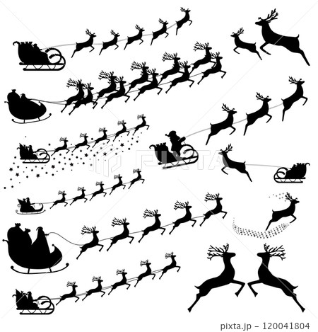 Santa Claus rides reindeer in a sleigh sled.  120041804