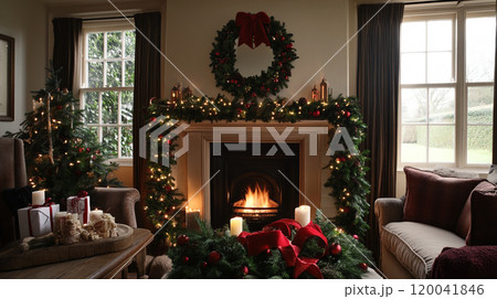 Living room interior with Christmas tree, holiday decorations and fireplace. Holidays concept 120041846